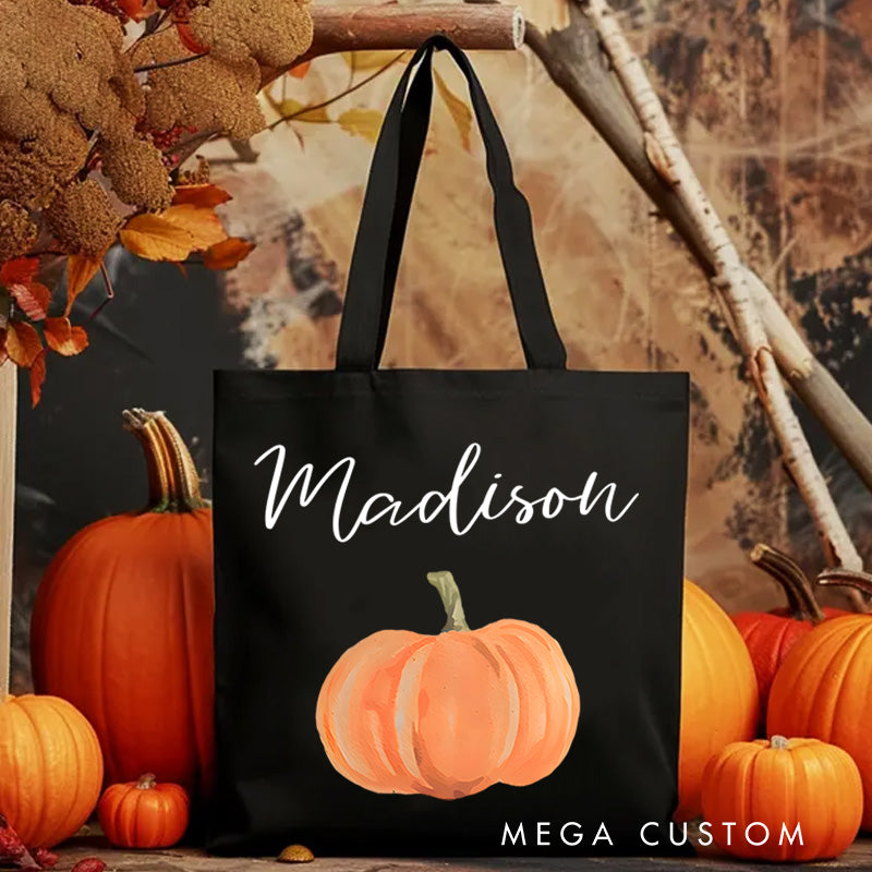 【🔥Big Sale🔥】Personalized Pumpkin Illustration Featuring Name for a Festive and Autumn Inspired Halloween Accent Tote Bag