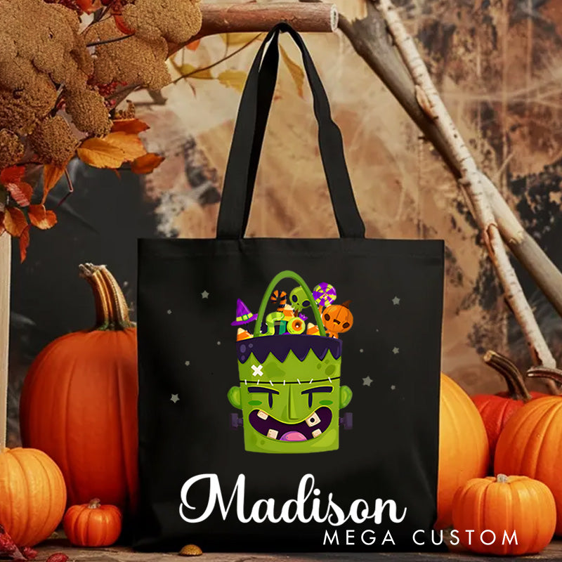 【🔥Big Sale🔥】Personalized Frankenstein Illustration Featuring Name for a Fun and Spooky Halloween Celebration Tote Bag