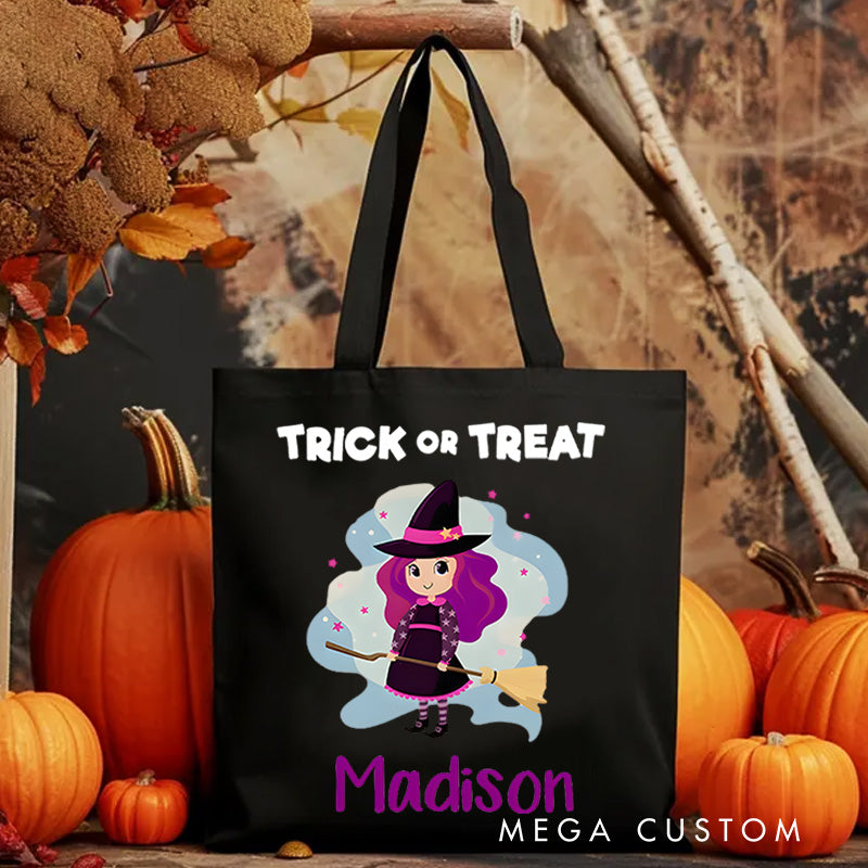 【🔥Big Sale🔥】Personalized Witch Trick or Treat Illustration Featuring Name for a Fun and Spooky Halloween Celebration Tote Bag