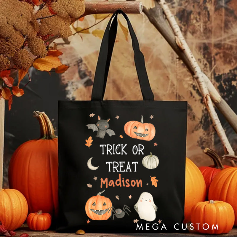 【🔥Big Sale🔥】Personalized Trick or Treat Featuring Pumpkins Ghosts and Name for a Festive Halloween Accent Tote Bag