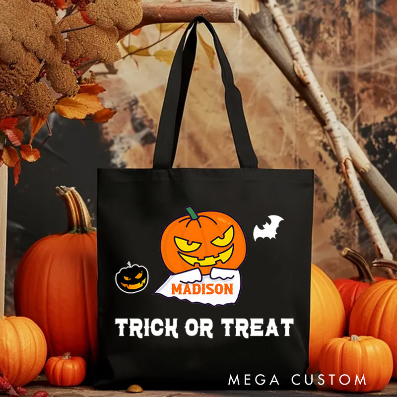 【🔥Big Sale🔥】Personalized Pumpkin Head Featuring Name for a Fun and Spooky Trick or Treat Tote Bag