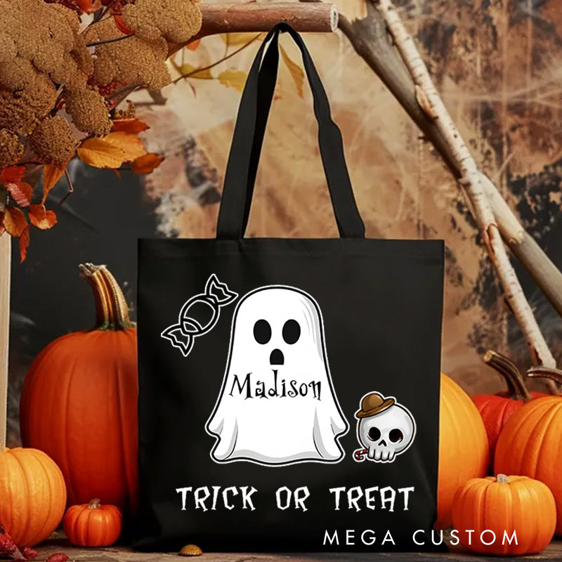 【🔥Big Sale🔥】Personalized Ghost Featuring Name and Skull Accents for a Cute Halloween Celebration Tote Bag