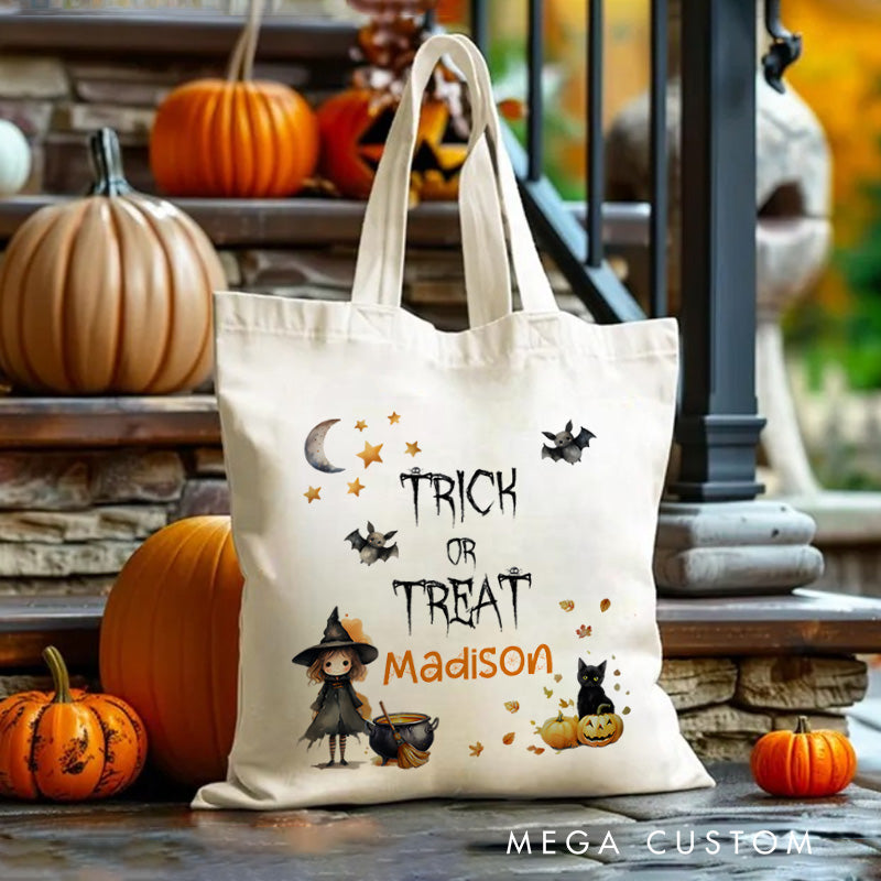 【🔥Big Sale🔥】Personalized Trick or Treat Illustration Featuring Witch Cat and Name for a Spooky Halloween Accent Tote Bag