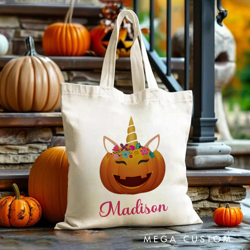 【🔥Big Sale🔥】Personalized Pumpkin Illustration with Floral Crown Featuring Name for a Unique Halloween Accent Tote Bag