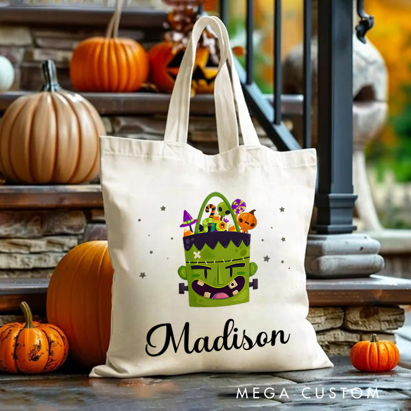 【🔥Big Sale🔥】Personalized Frankenstein Illustration Featuring Name for a Fun and Spooky Halloween Celebration Tote Bag