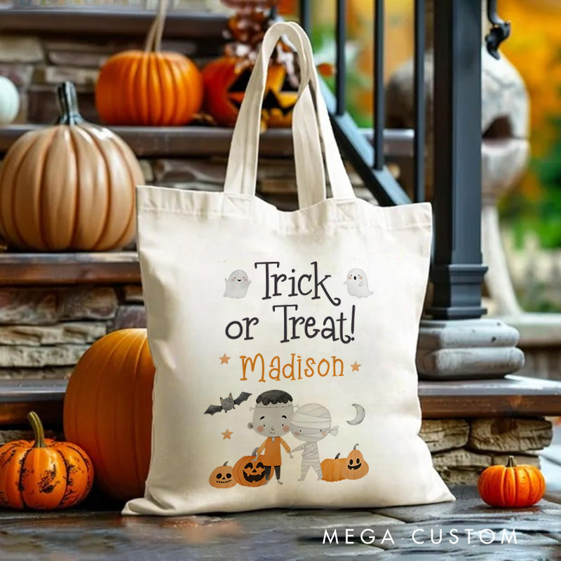【🔥Big Sale🔥】Personalized Trick or Treat Illustration Featuring Ghosts Bats and Name for a Festive Halloween Celebration Tote Bag