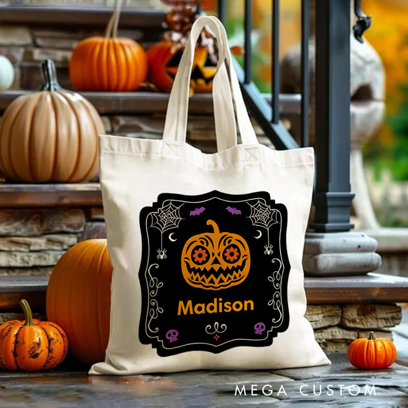 【🔥Big Sale🔥】Personalized Halloween Pumpkin Illustration Featuring Name with Elegant Frame for a Stylish Halloween Accent Tote Bag