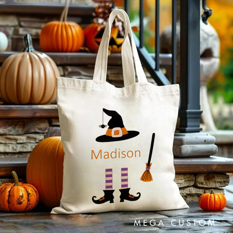 【🔥Big Sale🔥】Personalized Witch Hat and Broom Featuring Name for a Fun Halloween Celebration Tote Bag