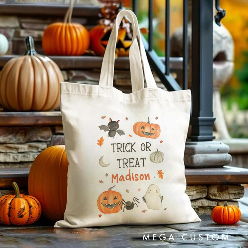 【🔥Big Sale🔥】Personalized Trick or Treat Featuring Pumpkins Ghosts and Name for a Festive Halloween Accent Tote Bag