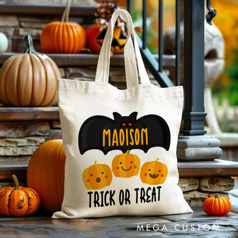 【🔥Big Sale🔥】Personalized Bat and Pumpkin Featuring Name for a Spooky and Playful Trick or Treat Tote Bag