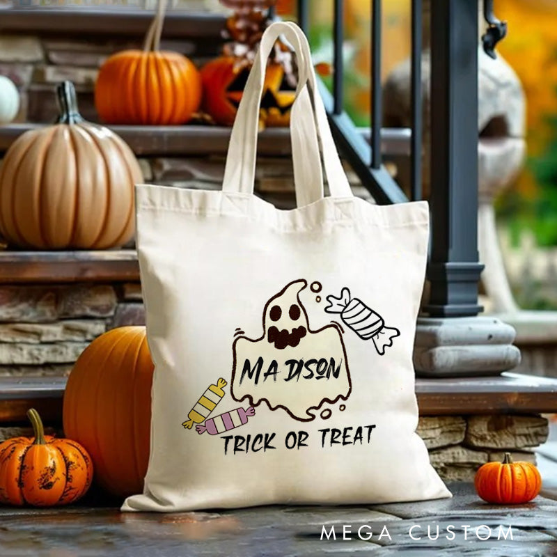 【🔥Big Sale🔥】Personalized Ghost Featuring Name and Candy Accents for a Festive Halloween Celebration Tote Bag