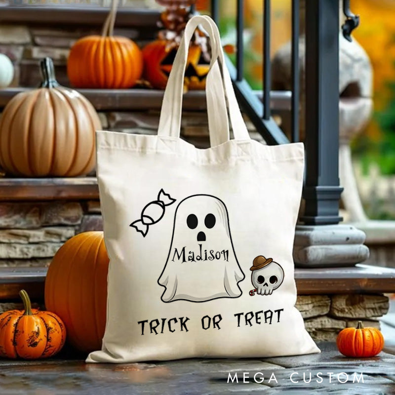 【🔥Big Sale🔥】Personalized Ghost Featuring Name and Skull Accents for a Cute Halloween Celebration Tote Bag
