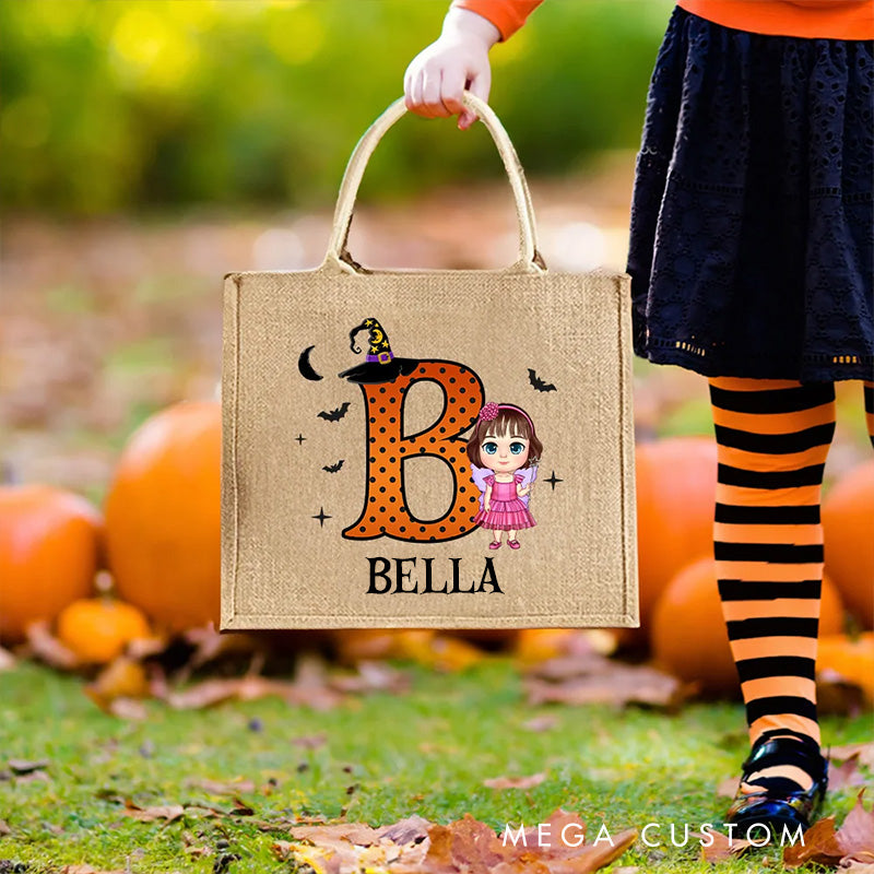 【🔥Big Sale🔥】Personalized Cartoon Vampire Witch Trick or Treat Jute Tote Bag with Name and Initial Halloween Spooky Season Gift for Boys Girls