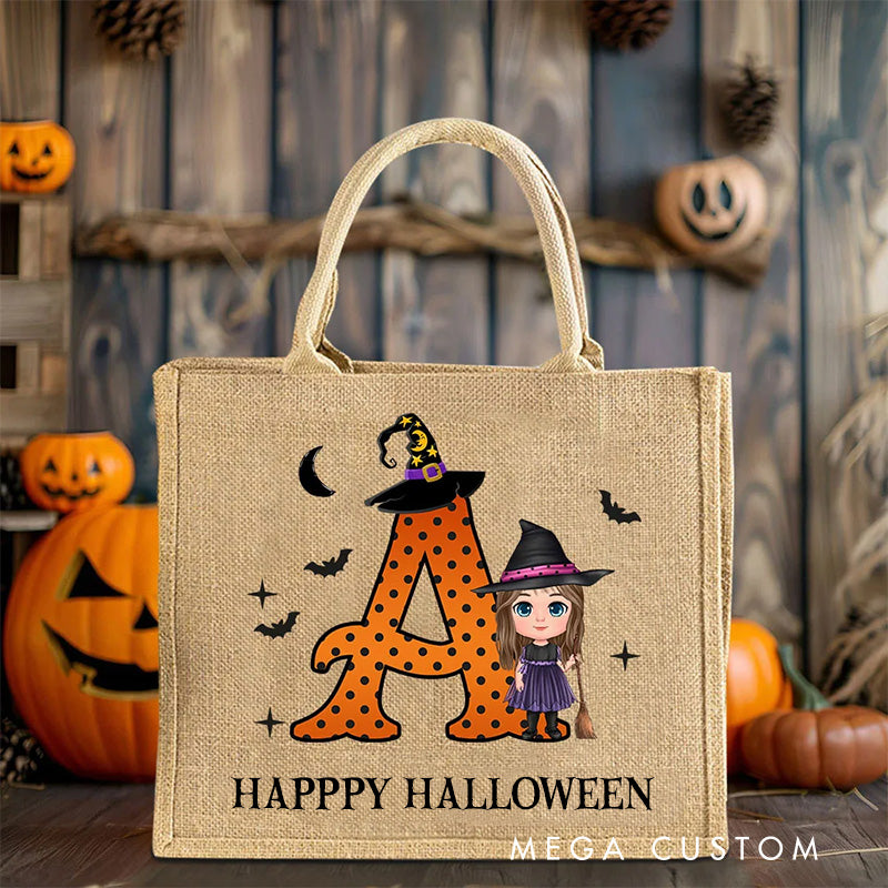 【🔥Big Sale🔥】Personalized Cartoon Vampire Witch Trick or Treat Jute Tote Bag with Name and Initial Halloween Spooky Season Gift for Boys Girls