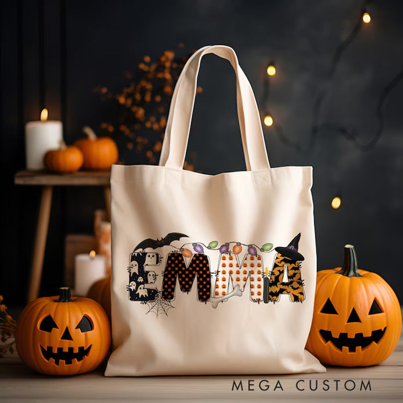 【🔥Big Sale🔥】Personalized Kids Halloween Tote with Name Girl Boy Goodie Trick or Treat Tote Bag for Kids Gift for Halloween