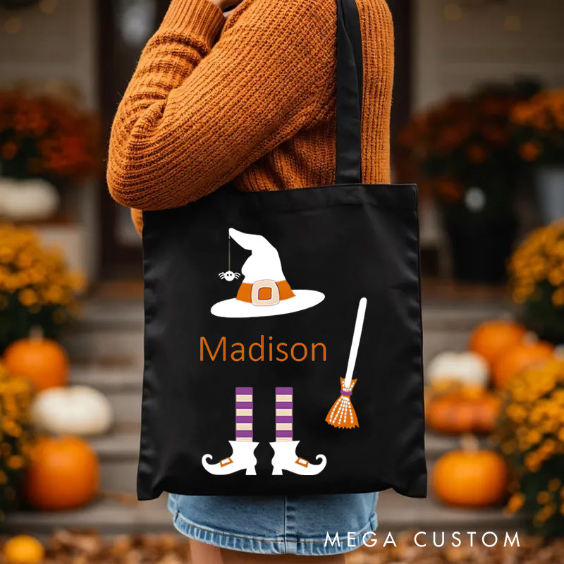 【🔥Big Sale🔥】Personalized Witch Hat and Broom Featuring Name for a Fun Halloween Celebration Tote Bag