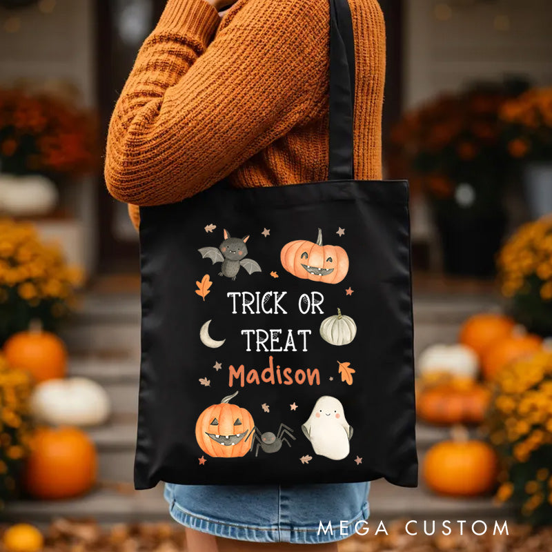 【🔥Big Sale🔥】Personalized Trick or Treat Featuring Pumpkins Ghosts and Name for a Festive Halloween Accent Tote Bag