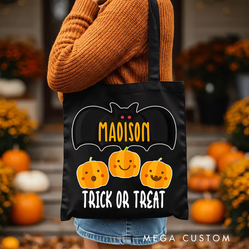 【🔥Big Sale🔥】Personalized Bat and Pumpkin Featuring Name for a Spooky and Playful Trick or Treat Tote Bag