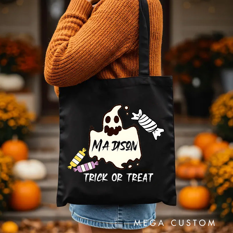 【🔥Big Sale🔥】Personalized Ghost Featuring Name and Candy Accents for a Festive Halloween Celebration Tote Bag