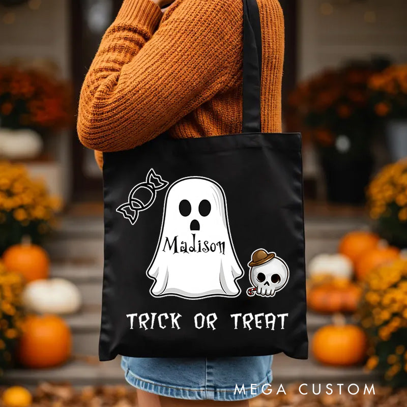 【🔥Big Sale🔥】Personalized Ghost Featuring Name and Skull Accents for a Cute Halloween Celebration Tote Bag