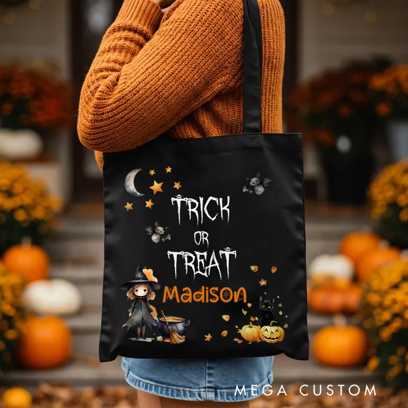 【🔥Big Sale🔥】Personalized Trick or Treat Illustration Featuring Witch Cat and Name for a Spooky Halloween Accent Tote Bag