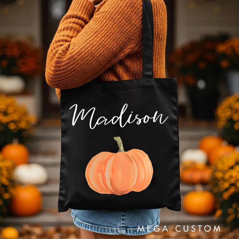 【🔥Big Sale🔥】Personalized Pumpkin Illustration Featuring Name for a Festive and Autumn Inspired Halloween Accent Tote Bag