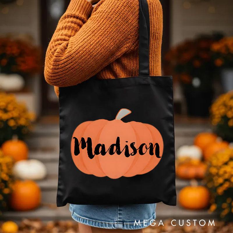 【🔥Big Sale🔥】Personalized Pumpkin Illustration Featuring Name with Bold Lettering for a Fun Halloween Celebration Tote Bag