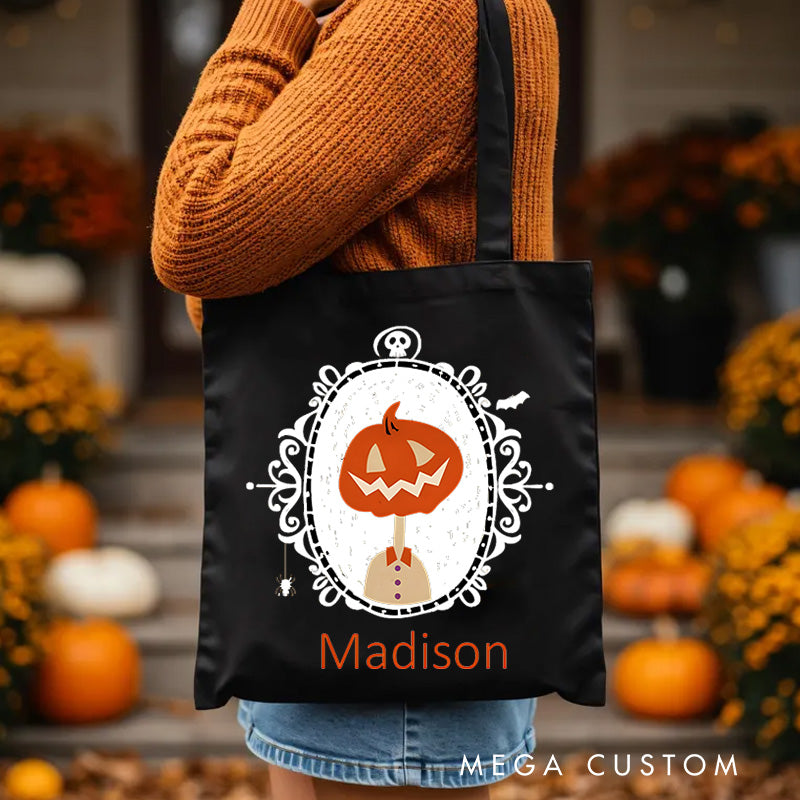 【🔥Big Sale🔥】Personalized Pumpkin Illustration in Ornate Frame Featuring Name for a Sophisticated Halloween Decoration Tote Bag