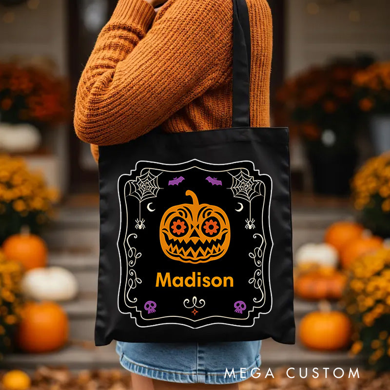 【🔥Big Sale🔥】Personalized Halloween Pumpkin Illustration Featuring Name with Elegant Frame for a Stylish Halloween Accent Tote Bag