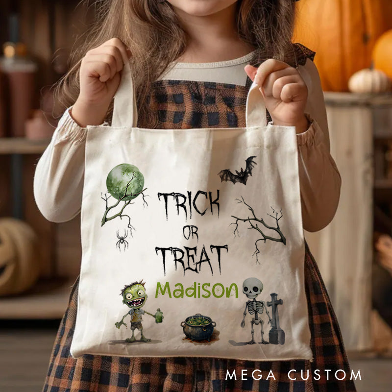 【🔥Big Sale🔥】Personalized Trick or Treat Illustration Featuring Skeleton Bat and Name for a Creepy Halloween Decoration Tote Bag