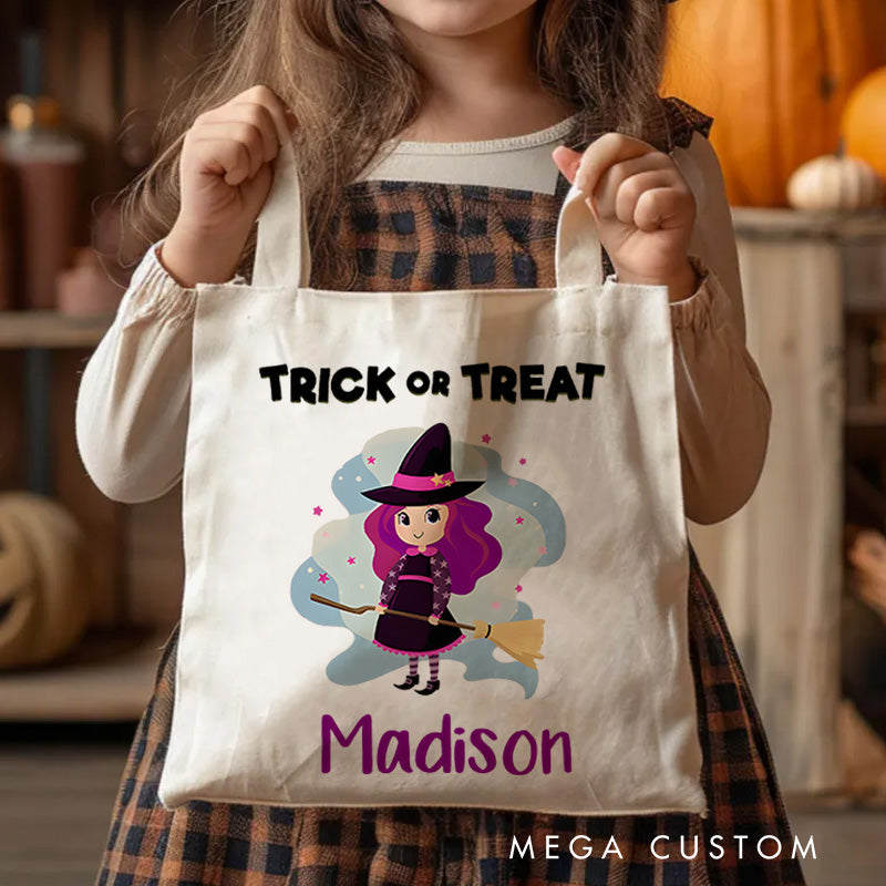 【🔥Big Sale🔥】Personalized Witch Trick or Treat Illustration Featuring Name for a Fun and Spooky Halloween Celebration Tote Bag