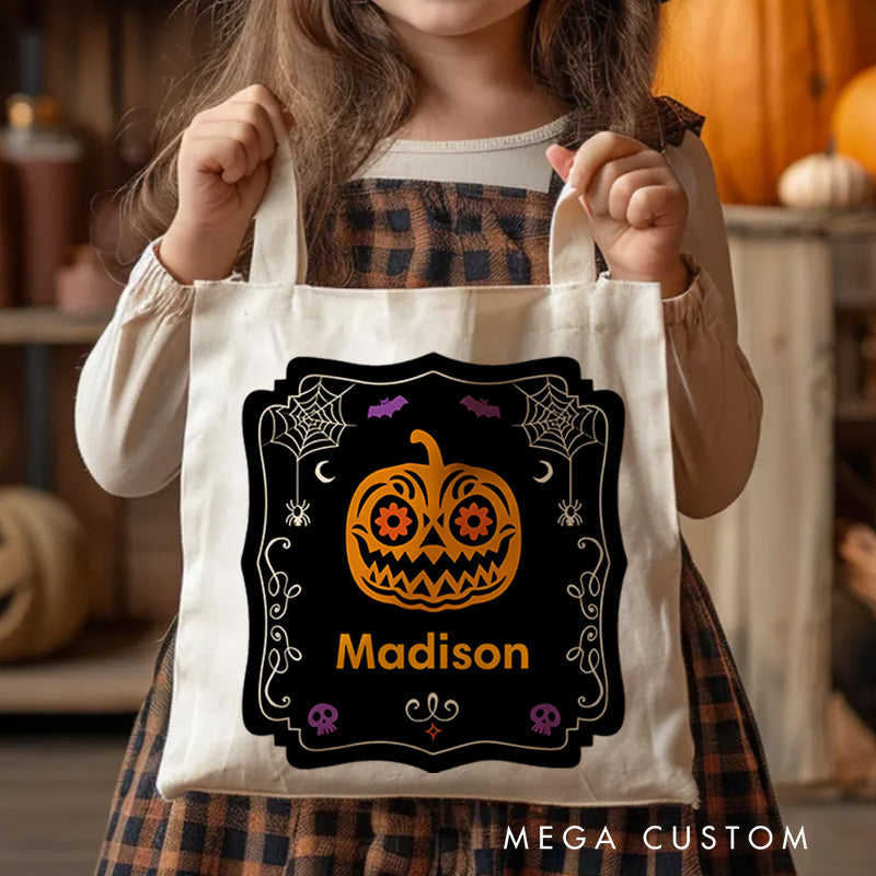 【🔥Big Sale🔥】Personalized Halloween Pumpkin Illustration Featuring Name with Elegant Frame for a Stylish Halloween Accent Tote Bag