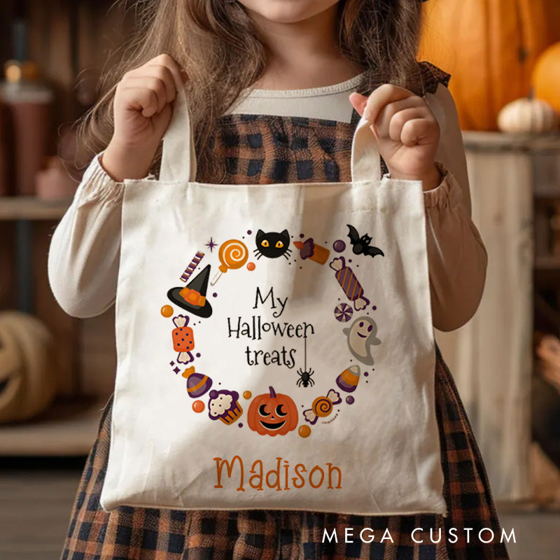 【🔥Big Sale🔥】Personalized Halloween Treat Wreath Featuring Pumpkins Ghosts and Cats for a Festive Celebration Tote Bag