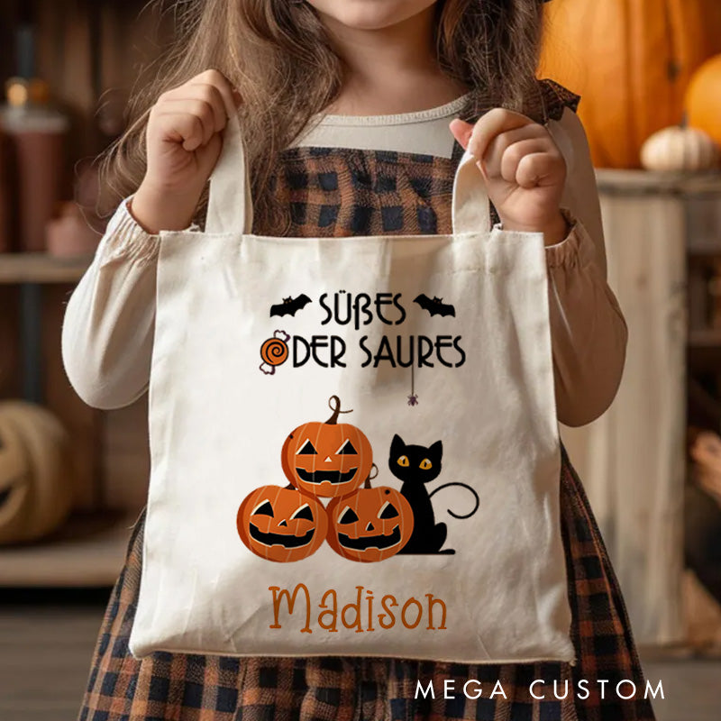 【🔥Big Sale🔥】Personalized Trick or Treat Featuring Pumpkins Cats and Ghosts for a Fun Halloween Accent Tote Bag
