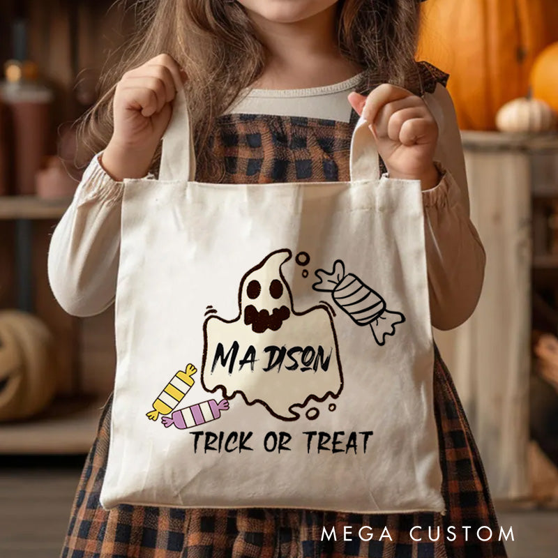 【🔥Big Sale🔥】Personalized Ghost Featuring Name and Candy Accents for a Festive Halloween Celebration Tote Bag