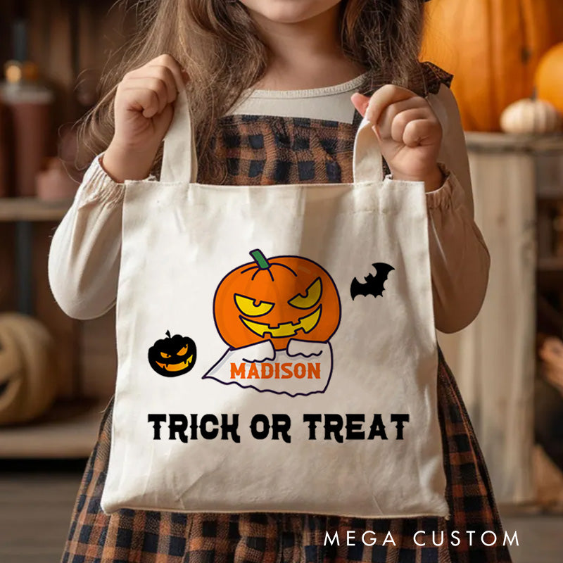 【🔥Big Sale🔥】Personalized Pumpkin Head Featuring Name for a Fun and Spooky Trick or Treat Tote Bag