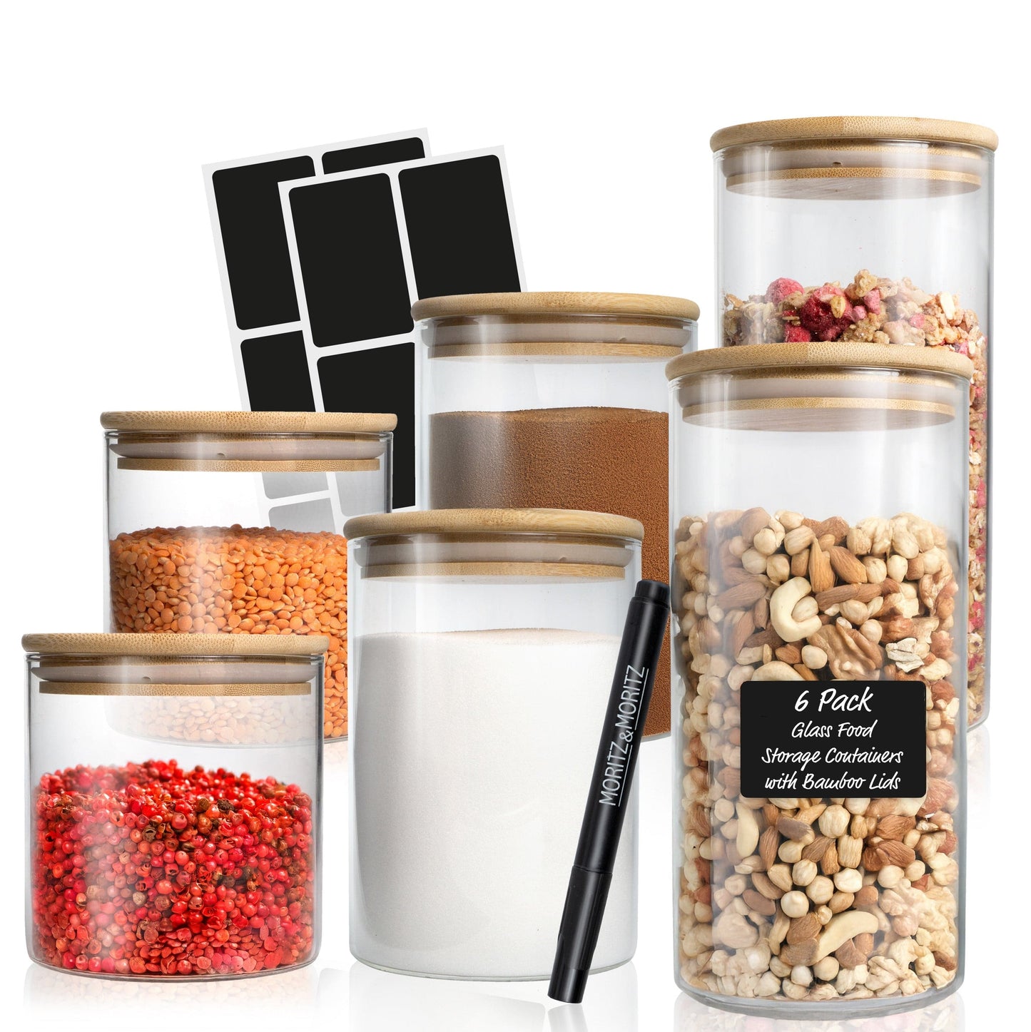 6 Glass Storage Jars with Lids, Includes Chalkboard Stickers and Chalk Pen by Moritz & Moritz