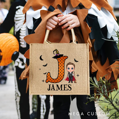 【🔥Big Sale🔥】Personalized Cartoon Vampire Witch Trick or Treat Jute Tote Bag with Name and Initial Halloween Spooky Season Gift for Boys Girls