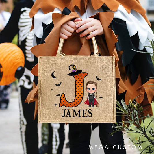 【🔥Big Sale🔥】Personalized Cartoon Vampire Witch Trick or Treat Jute Tote Bag with Name and Initial Halloween Spooky Season Gift for Boys Girls