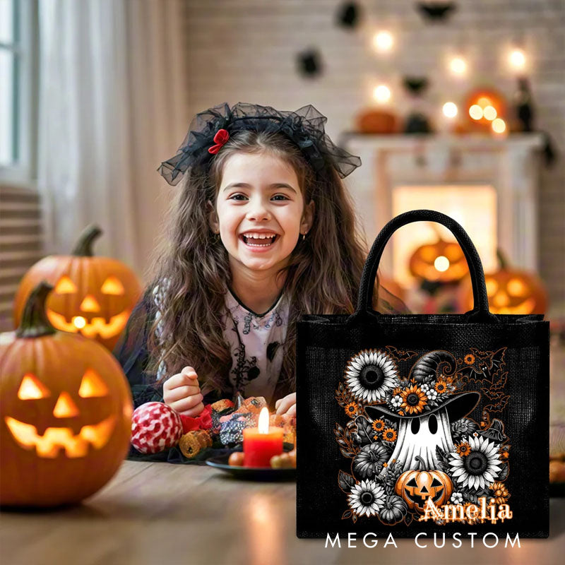 【🔥Big Sale🔥】Personalized Floral Ghost Black Linen Tote Bag with Name Halloween Party Gift for Boys Girls
