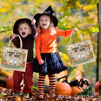 【🔥Big Sale🔥】Personalized Hangin With My Boos Pumpkin Ghost Jute Bag with Names Halloween Party Gift for Boys Girls