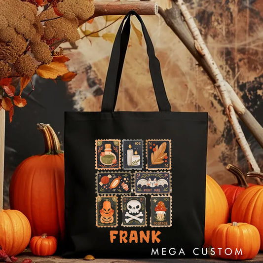 【🔥Big Sale🔥】Personalized Autumn Stamps Canvas Tote Bag with Name Halloween Stamps Tote Trick or Treat Bag Ghouls Gift