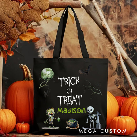 【🔥Big Sale🔥】Personalized Trick or Treat Illustration Featuring Skeleton Bat and Name for a Creepy Halloween Decoration Tote Bag