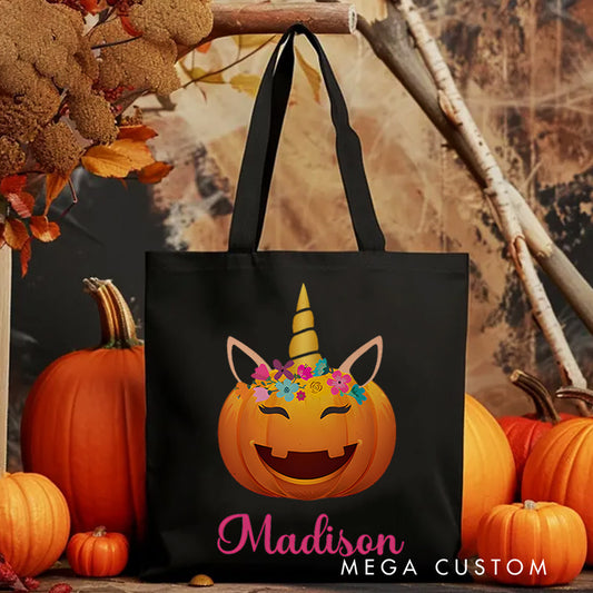 【🔥Big Sale🔥】Personalized Pumpkin Illustration with Floral Crown Featuring Name for a Unique Halloween Accent Tote Bag