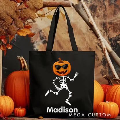 【🔥Big Sale🔥】Personalized Skeleton Illustration with Pumpkin Head Featuring Name for a Playful Halloween Accent Tote Bag