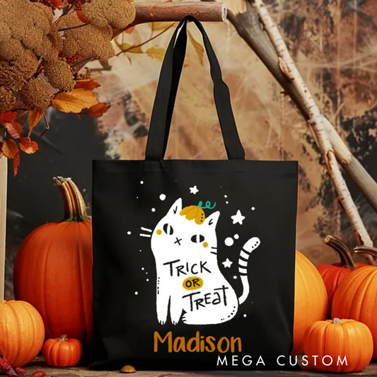 【🔥Big Sale🔥】Personalized Black Cat Trick or Treat Illustration Featuring Name for a Cute and Spooky Halloween Accent Tote Bag
