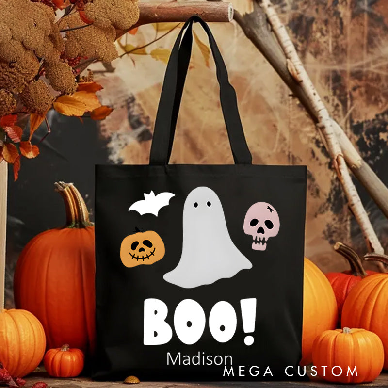 【🔥Big Sale🔥】Personalized Boo Ghost Illustration Featuring Name for a Fun and Spooky Halloween Decoration Tote Bag