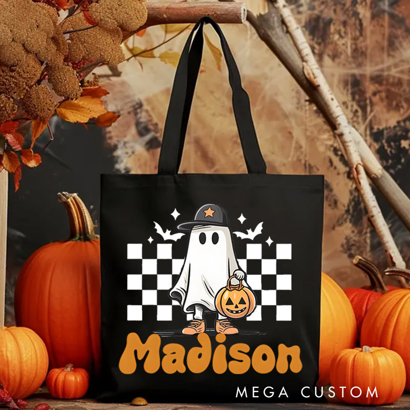 【🔥Big Sale🔥】Personalized Ghost and Checkered Pattern Illustration Featuring Name for a Unique Halloween Accent Tote Bag