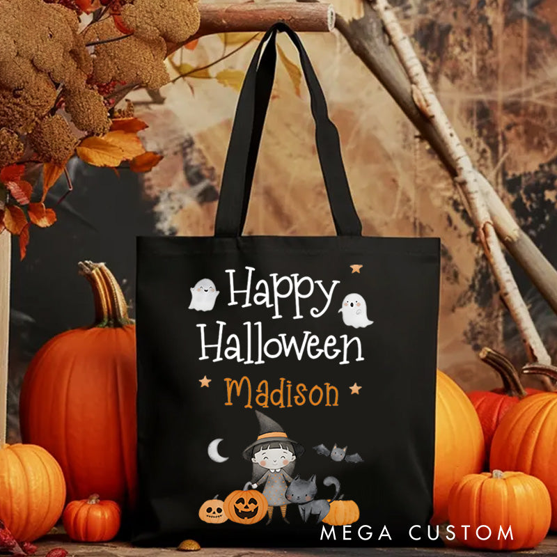 【🔥Big Sale🔥】Personalized Happy Halloween Illustration Featuring Ghosts Pumpkins and Name for a Delightful Halloween Accent Tote Bag