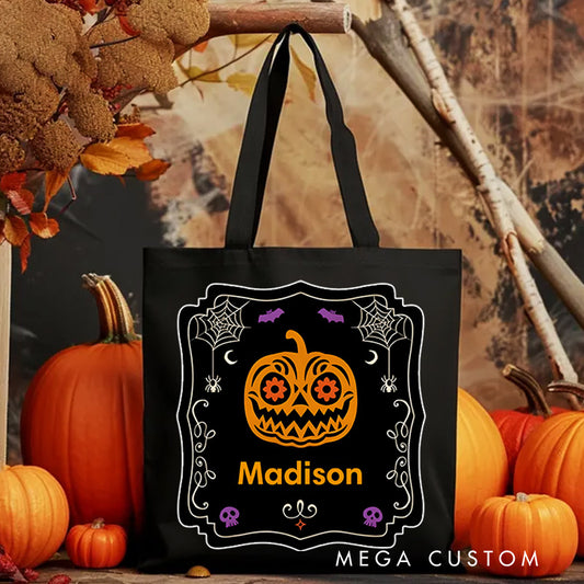 【🔥Big Sale🔥】Personalized Halloween Pumpkin Illustration Featuring Name with Elegant Frame for a Stylish Halloween Accent Tote Bag